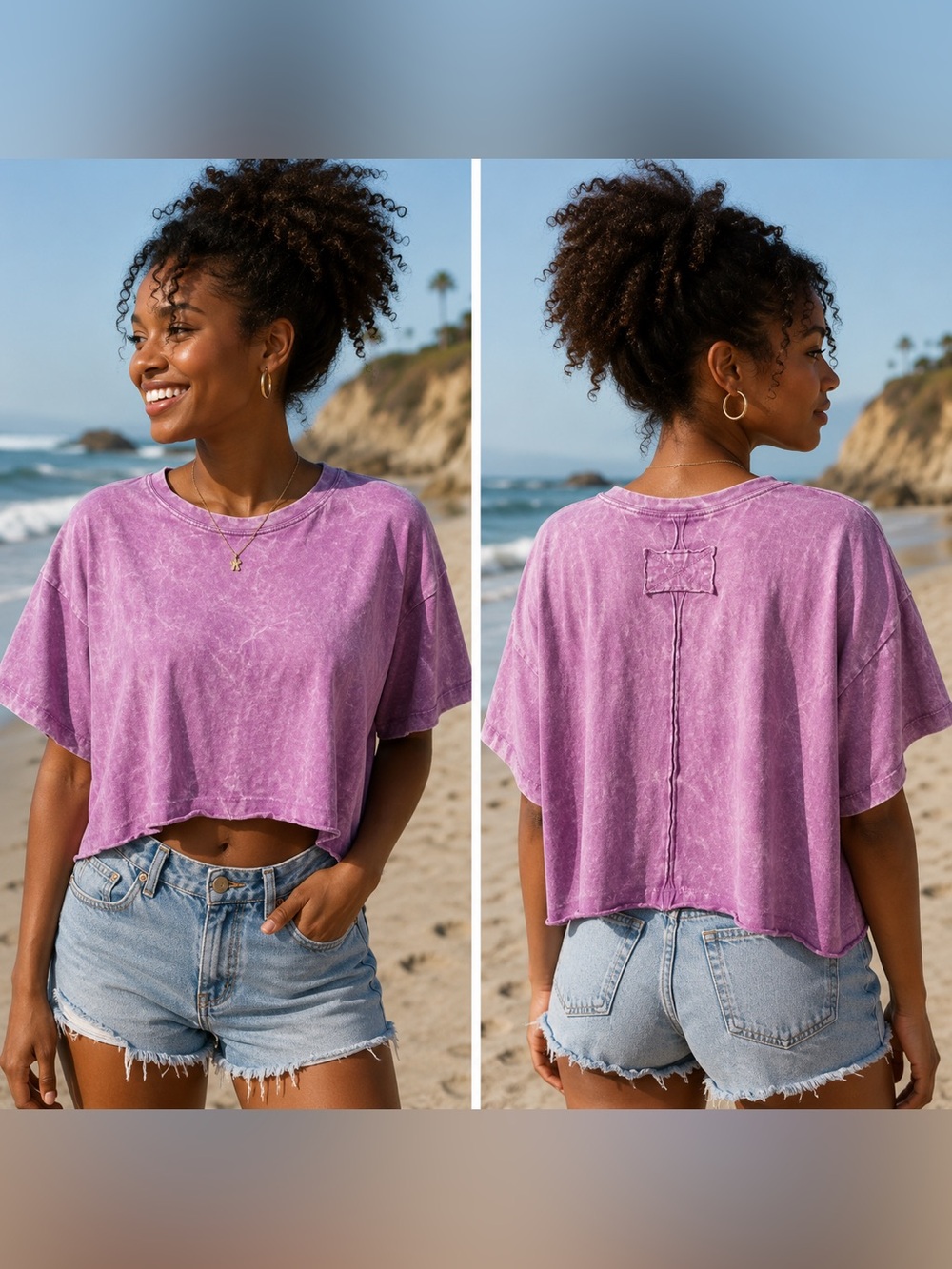 🆕 Purple Acid Wash Oversized Crop T Raw Hem Cotton Top S/M L/XL Tee 🔥
